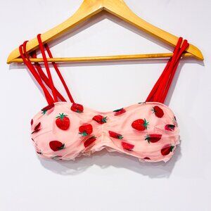RETRO STAGE Pink strawberry tulle bikini top | Retro swim | Small